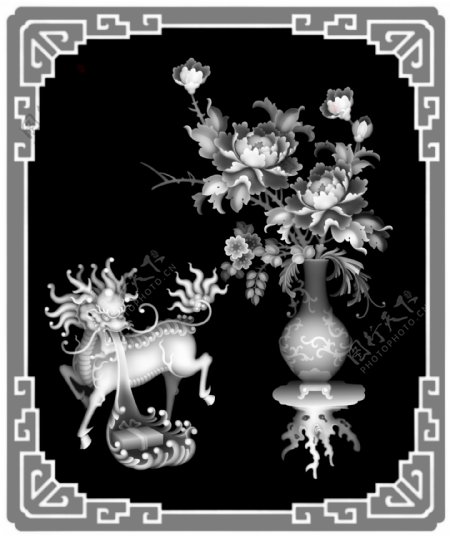 麒麟花瓶牡丹灰度图