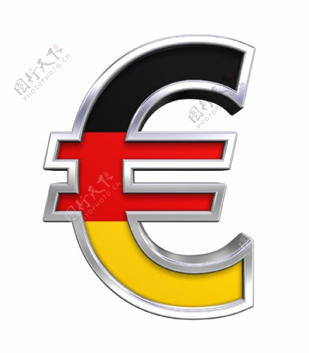德国国旗孤立在白色的银欧元符号