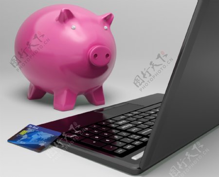 小猪在计算机显示投资增长的银行