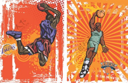怀旧背景篮球人物插画矢量素材