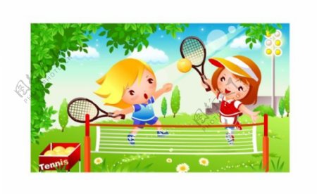 儿童打网球运动矢量图
