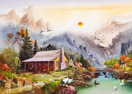 风景油画漂亮的山水油画素材下载
