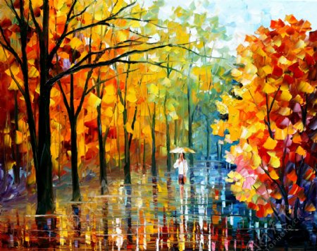 油画深秋雨景图片