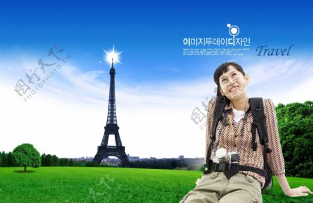 韩国景点旅游模板美女铁塔草地天空