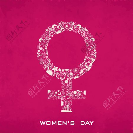 三八妇女节贺卡或海报在肮脏的粉红色背景的女人标志设计