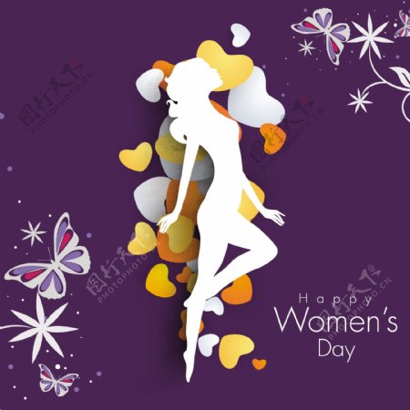 三八妇女节贺卡或海报上的一个年轻女孩的紫色背景白色轮廓设计