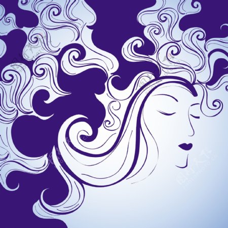 三八妇女节贺卡或海报与美丽的女孩的蓝色背景上的蓝色头发的装饰设计