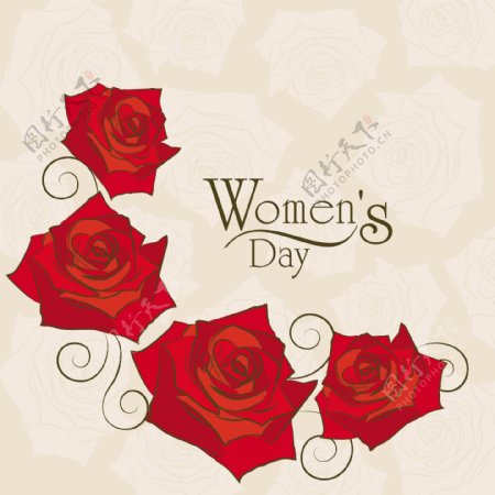 三八妇女节贺卡或海报设计与红玫瑰在抽象的棕色背景