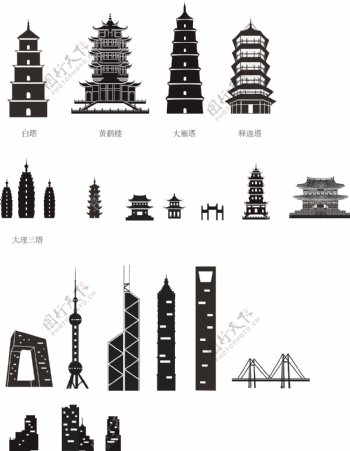 中国建筑剪影矢量素材