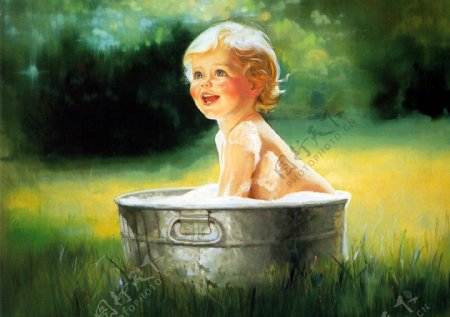 油画夏天的泡泡澡图片