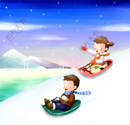 HanMaker韩国设计素材库背景图片卡片礼物祝福圣诞卡通可爱滑雪男孩