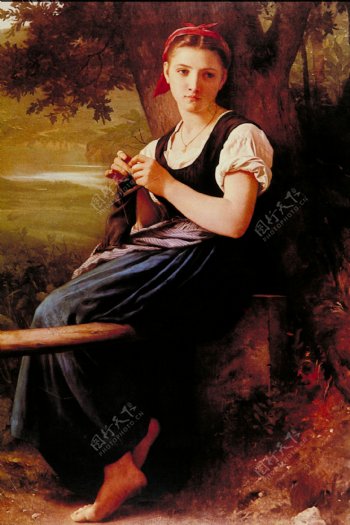 油画绣羊毛的妇女图片