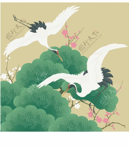印花矢量图动物鸟类仙鹤松树免费素材
