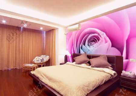 紫玫瑰床头背景墙大型壁画