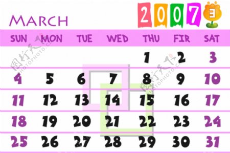2007年3月日历的PSD模板