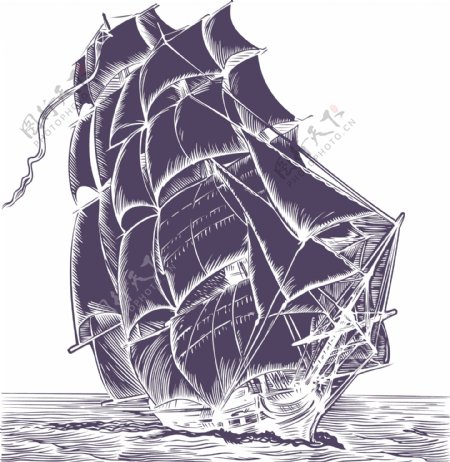 一款精致的帆船钢笔画矢量素材