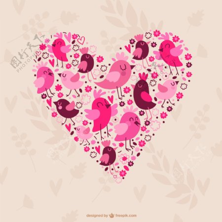 粉色小鸟组合爱心设计矢量素材