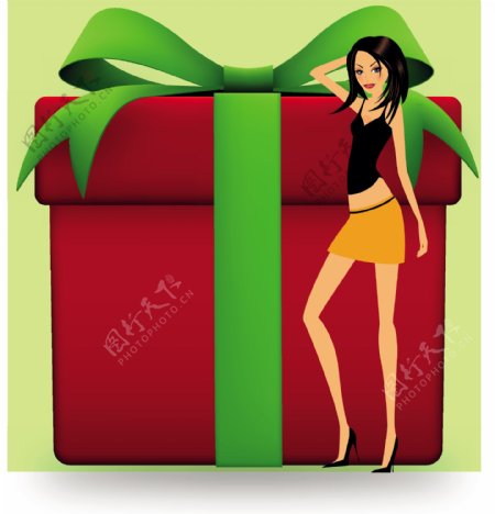 圣诞女孩和礼品盒设计矢量素材03