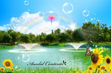 湖上的喷泉和湖边花朵