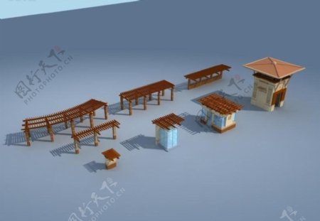 城市景观亭子和廊架3D模型设计