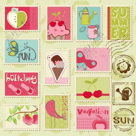 可爱儿童风格邮票矢量图