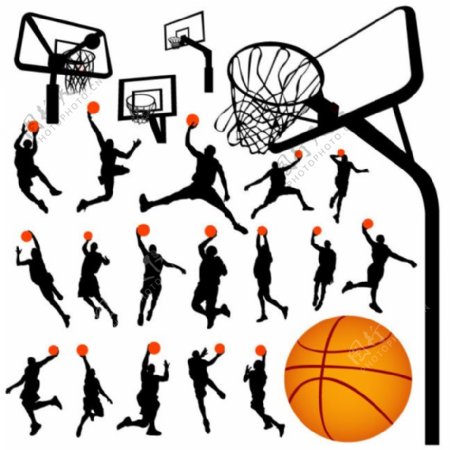 篮球运动人物剪影与篮球架