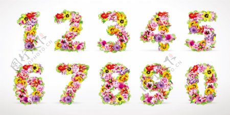 五颜六色的花的数字和字母矢量的01个元素