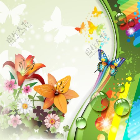 五颜六色的花朵和蝴蝶的背景矢量01