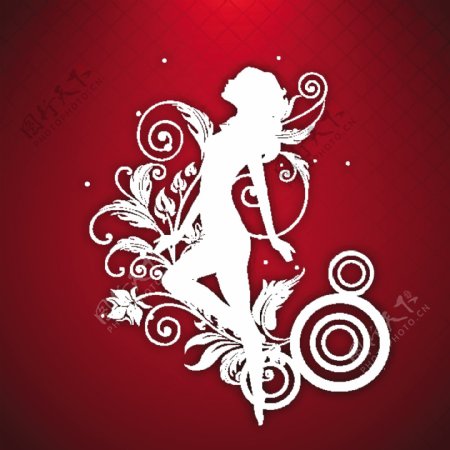 三八妇女节贺卡或海报在红色背景上的舞姿女孩白色的轮廓设计