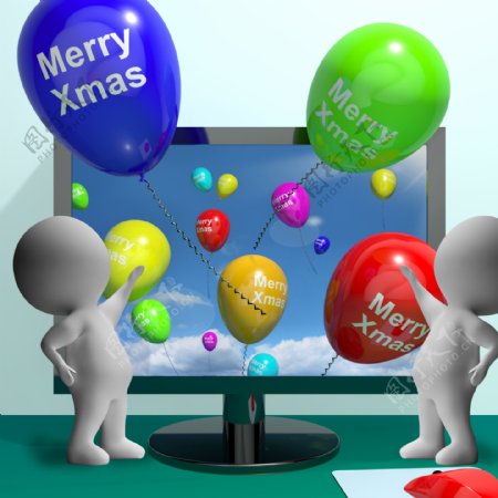 随着圣诞快乐显示的电子贺卡的气球