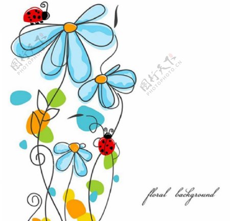 蓝色花朵卡通花朵瓢虫花图片