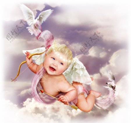 天空中拿着弓箭的天使婴儿宝宝图片