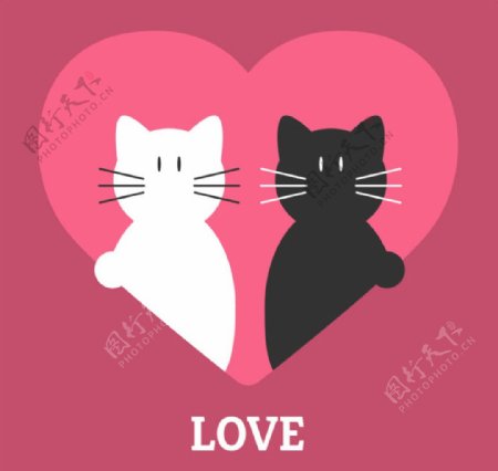 爱心中的黑猫与白猫矢量素材图片