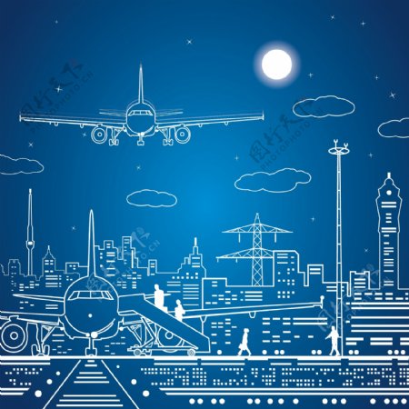 时尚手绘飞机城市插画图片