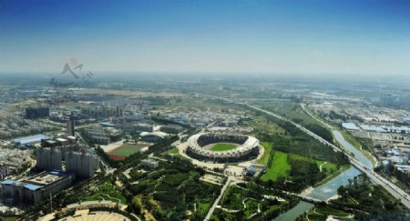 郑州航海体育场鸟瞰园林建筑摄影图片