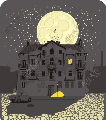 圆月夜下的城堡别墅图片