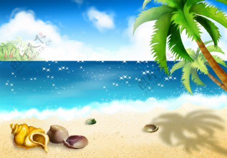手绘卡通沙滩椰树风景插画图片
