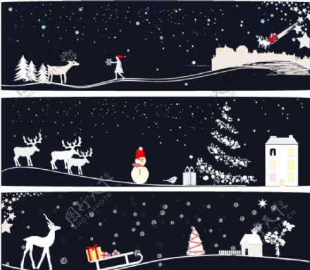 卡通雪原圣诞夜雪橇素材图片