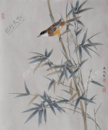 马为超工笔花鸟画之竹子红鸟图图片