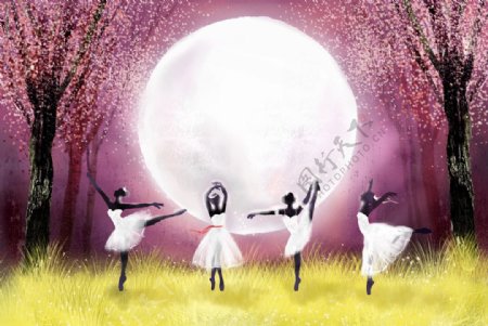 月光下跳舞的女孩风景插画图片
