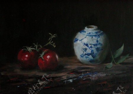 油画静物瓷器罐和西红柿图片