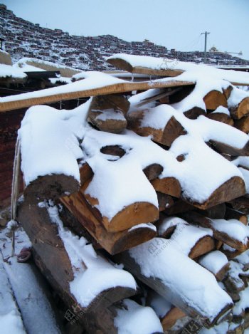 色达五明佛学院积雪的木材图片
