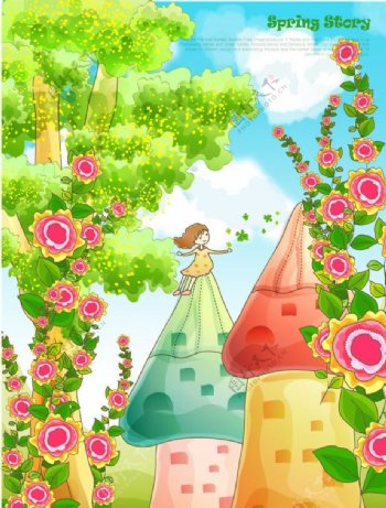 卡通春天梦幻花纹花朵绿色鲜花城堡图片