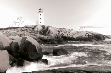 黑白海洋灯塔图片