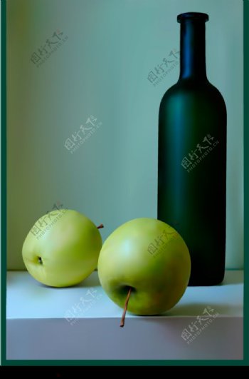 ai绘制逼真写实苹果与酒瓶矢量素材图片
