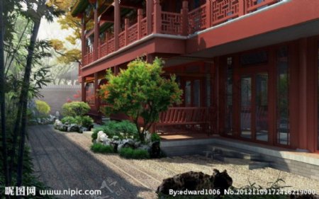 中国古典楼阁庭院建筑效果图图片