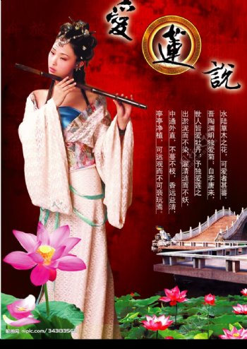 古典美女中国风房产地产乐器荷花莲花莲桥水墨图片