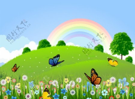绿色景观蝴蝶和彩虹图片
