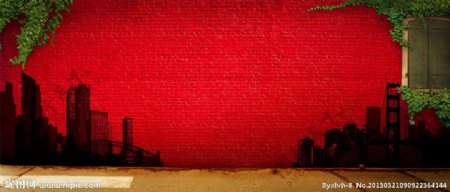 红砖墙背景下的大城市图片