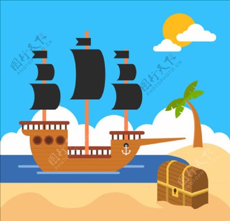 卡通海盗船海滩宝箱插图